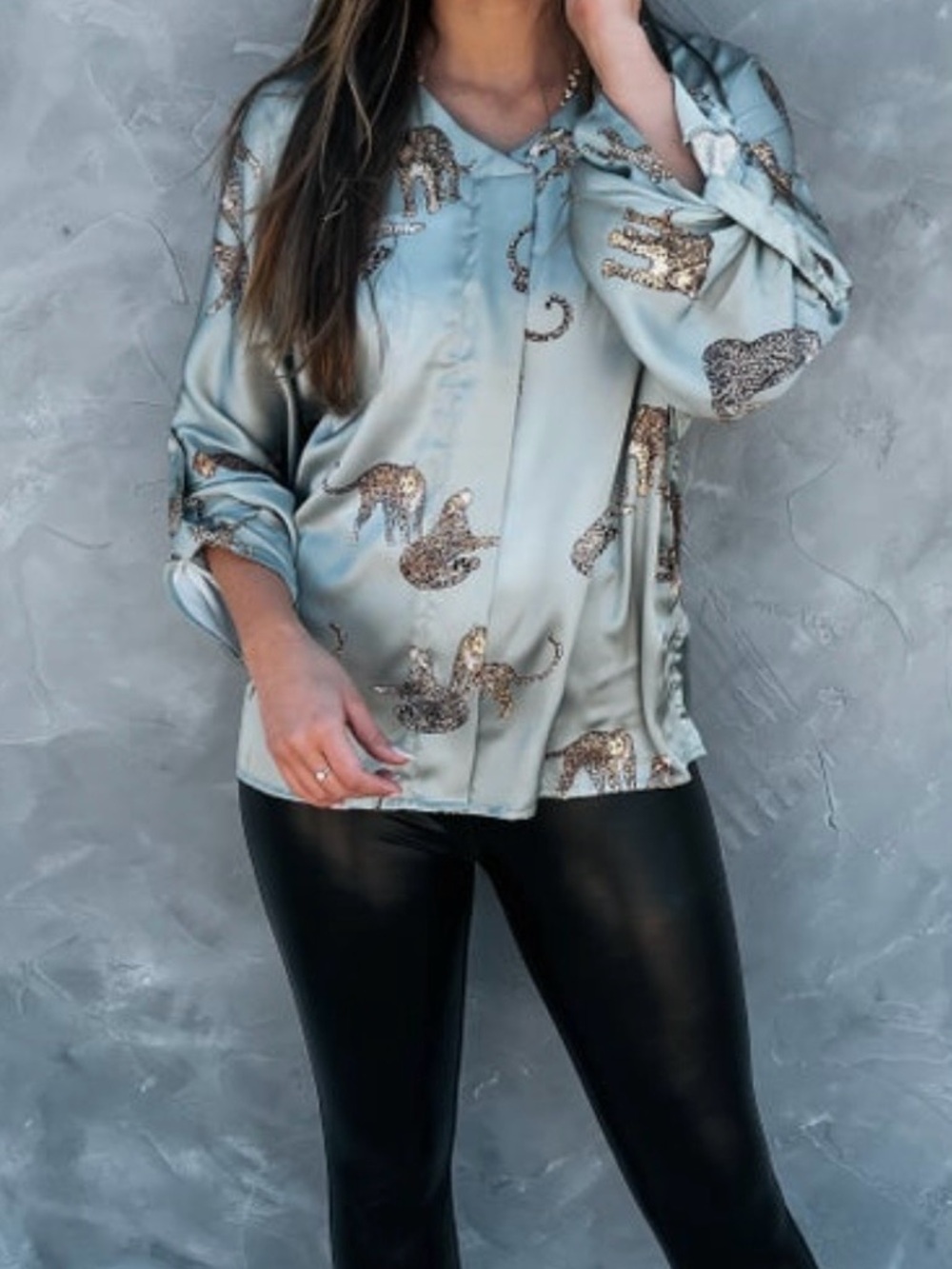 Satin Light Blue Leopard-Print Shirt Jacket